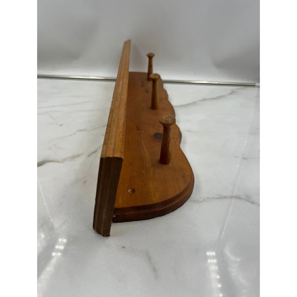 Vintage Pine Wood Wall Shelf with 3 Pegs Scalloped Edge 24 Inch Made in USA
